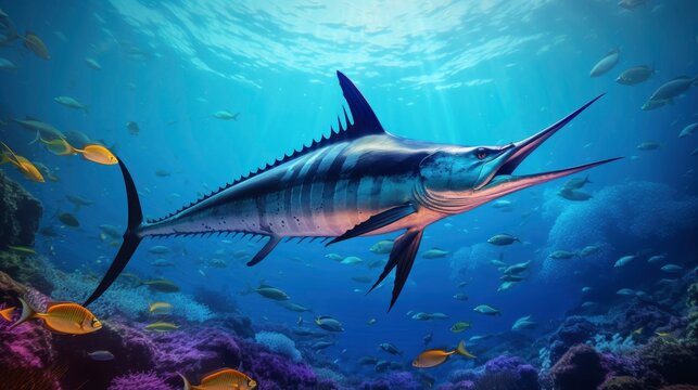Giant atlantic tropical sea blue marlin underwater at bright and colorful coral reef