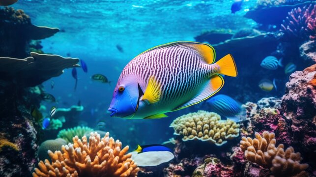 Giant beautiful tropical sea fish underwater at bright and colorful coral reef