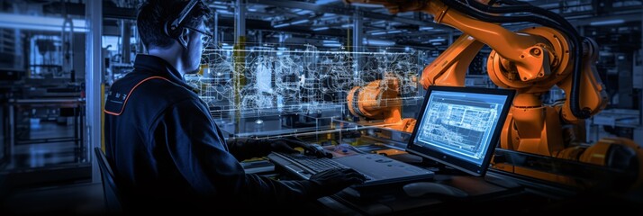 The Intricate Dance of Robotic Precision  Engineer Supervises Automated Vehicle Assembly with Technological Aide in a Bustling Car Factory