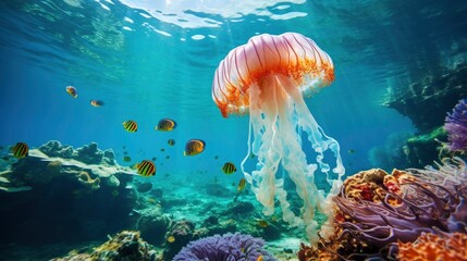 Giant tropical jellyfish underwater at bright and colorful coral reef - obrazy, fototapety, plakaty