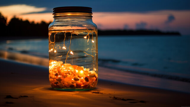 A Glass Jar With A Garland On The Beach At Sunset.
