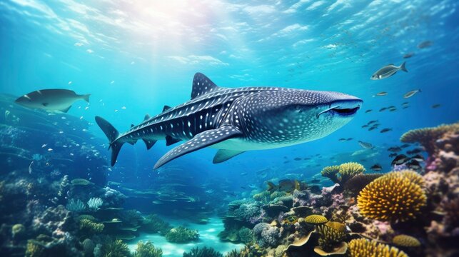 Giant tropical whaleshark underwater at bright and colorful coral reef