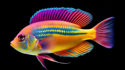 Bright vivid colored tropical fish isolated on black background