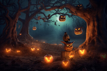 Fototapeta na wymiar A Mesmerizing Halloween pumpkin head jack lantern with burning candles, Spooky Forest with a full moon and wooden table ,Extravaganza Under the Silver Glow of the Harvest Moon
