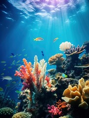Bright and colorful underwater world, fishes and plants life on the background of coral reefs