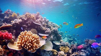 Naklejka na ściany i meble Bright and colorful underwater world, fishes and plants life on the background of coral reefs