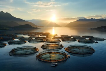 Fish cages floating on the sea - obrazy, fototapety, plakaty