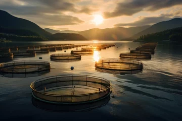 Fotobehang Floating fish cages in a serene lake setting © nordroden