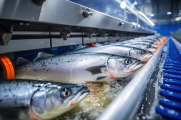 A conveyor belt in a fish processing factory with fresh trout being transported