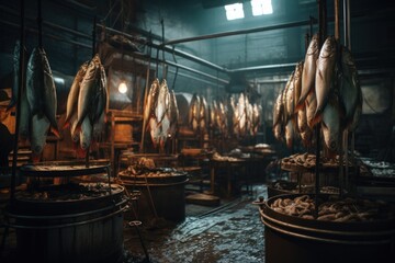A fish processing room with multiple fish hanging from the ceiling