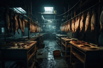 A room filled with hanging meat in a fish processing factory