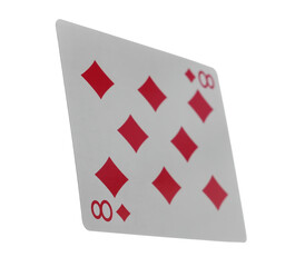 Flying playing card for poker and gambling, eight diamond isolated on white, clipping path