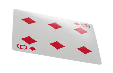 Flying playing card for poker and gambling, six diamond isolated on white, clipping path