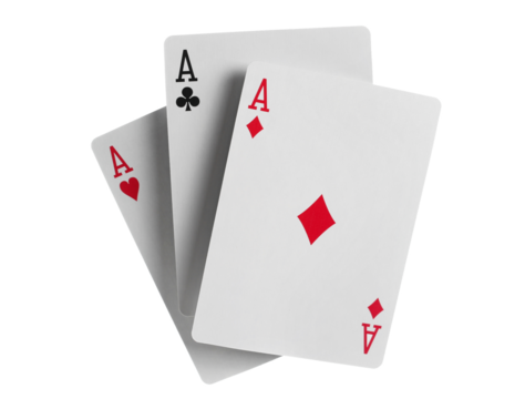 Flying playing card for poker and gambling, three aces isolated on white, clipping path
