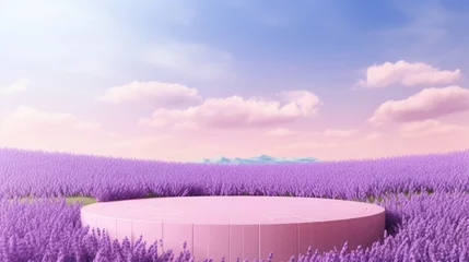 Raamstickers Lavender podium flower background purple product nature platform stand summer 3d table. Cosmetic podium lilac abstract field studio beauty flower spring lavender floral display plant backdrop crystal. © Максим Зайков