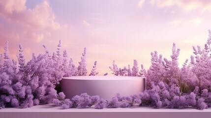 Lavender podium flower background purple product nature platform stand summer 3d table. Cosmetic podium lilac abstract field studio beauty flower spring lavender floral display plant backdrop crystal. - Powered by Adobe