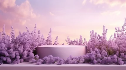 Fototapeten Lavender podium flower background purple product nature platform stand summer 3d table. Cosmetic podium lilac abstract field studio beauty flower spring lavender floral display plant backdrop crystal. © Максим Зайков