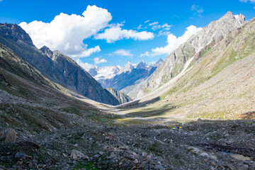 Landscapes of Hampta Pass Trekking, Himachal Pradesh, India. The trail is famous for lush green valley.
