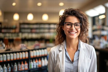Pharmacist woman smiling at the drugstore - obrazy, fototapety, plakaty
