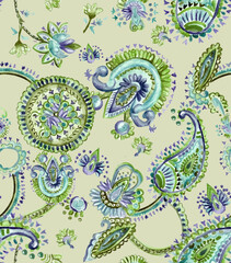 Seamless pattern with watercolor paisley motifs. Suitable for textiles and graphics.