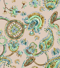 Seamless pattern with watercolor paisley motifs. Suitable for textiles and graphics.