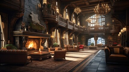 Fototapeta na wymiar High-End Ski Resort Lobby with a Magnificent Grand Fireplace, Winter Retreat
