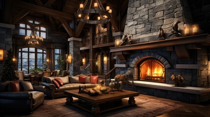 High-End Ski Resort Lobby with a Magnificent Grand Fireplace, Winter Retreat - obrazy, fototapety, plakaty