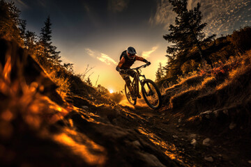 A mountainbiker descending a steep slope on a hill at sunset