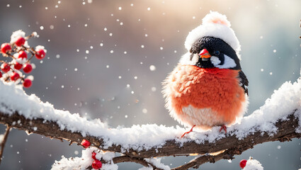 Cute funny cartoon bullfinch bird on a snowy branch