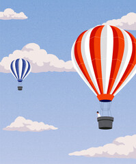Hot air balloon flight. Happy man soaring, Flying in sky among clouds. Festival on summer holiday. Modern template. Banner, leaflet, poster. Trendy hand drawn style. Flat design vector illustration. - 661131887