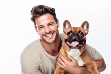 beautiful young caucasian brunette man cuddles french bulldog on white background