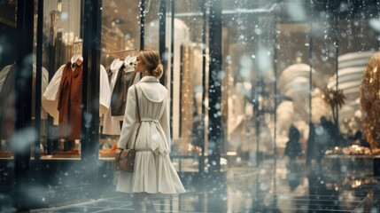 Fototapeta na wymiar Luxury Woman on a Lavish Shopping Spree, Exploring the Latest in Seasonal Fashion - Chic Winter Retail Therapy