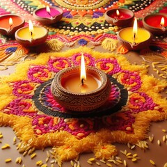 Happy Diwali. Lit diya lamp on the street at night. Happy Diwali festival with oil lamp, Diwali holiday Background with rangoli, Diwali celebration greeting card. 3D rendering Generative AI 
