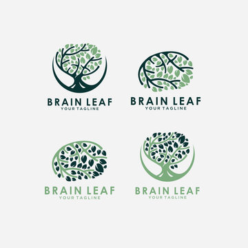 Set of vector logo, icon, emblem design with brain tree. Think green, eco, save earth and environmental concept. Flat outline brain tree isolated illustration