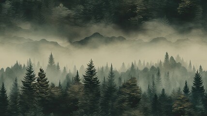 a fog-draped fir forest, evoking a sense of nostalgia and mystery. SEAMLESS PATTERN. SEAMLESS WALLPAPER.