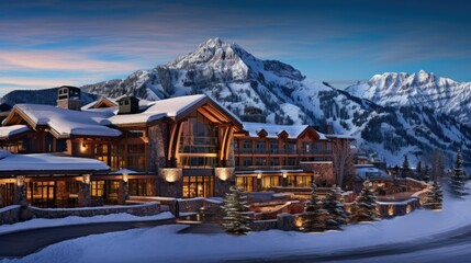 Luxury Ski Resort Offering Stunning Mountain Views, Elevated Winter Getaway - obrazy, fototapety, plakaty