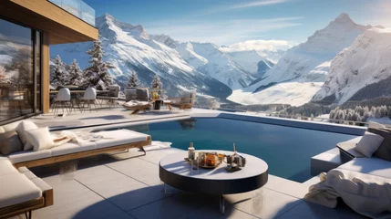 Foto op Plexiglas Luxury Ski Resort Offering Stunning Mountain Views, Elevated Winter Getaway © thesweetsheep