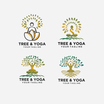  set dryad tree vector with yoga posed