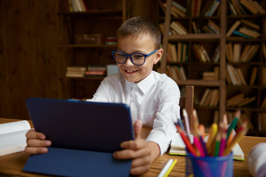 Cute smart boy schoolchild studying online using electronic device for learning