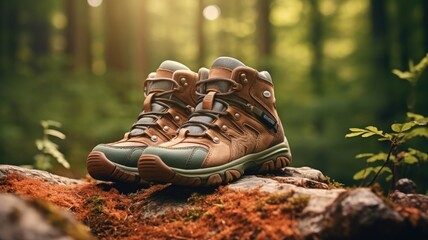 children's sports hiking shoes against the backdrop of a forest trail. - obrazy, fototapety, plakaty