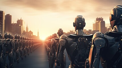 army of robots is approaching a big city. invasion of military robots. Dramatic apocalypse super realistic concept. Future. - obrazy, fototapety, plakaty