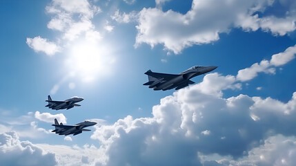 Thre F16 military fighter  flies through the blue sky and clouds.