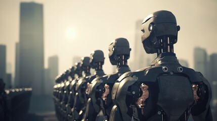 Fototapeta na wymiar army of robots is approaching a big city. invasion of military robots. Dramatic apocalypse super realistic concept. Future.