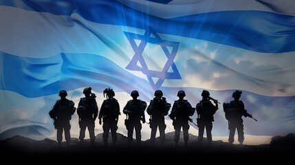 Eight military silhouettes against the background of a sunset sky in blue and a flag. Israel with copy space
