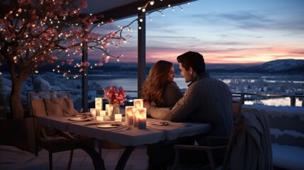 Couple in romantic winter together, luxurious setting - obrazy, fototapety, plakaty
