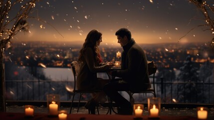 Fototapeta na wymiar Couple in romantic winter together, luxurious setting