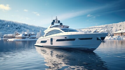 Sleek Yacht Resting in a Snow-Covered Marina, Nautical Tranquility, Winter Elegance