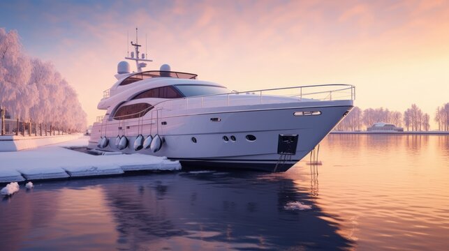 Sleek Yacht Resting in a Snow-Covered Marina, Nautical Tranquility, Winter Elegance