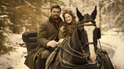 Romantic horse-drawn carriage ride for two, couple enjoying a private horse carriage, vintage effect 