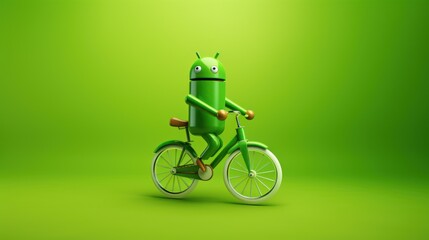 a cute green robot riding a bike. safe planet concept